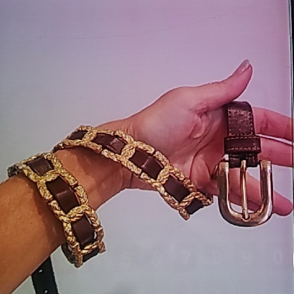Vintage Gold & Brown Leather Skinny Chain Belt